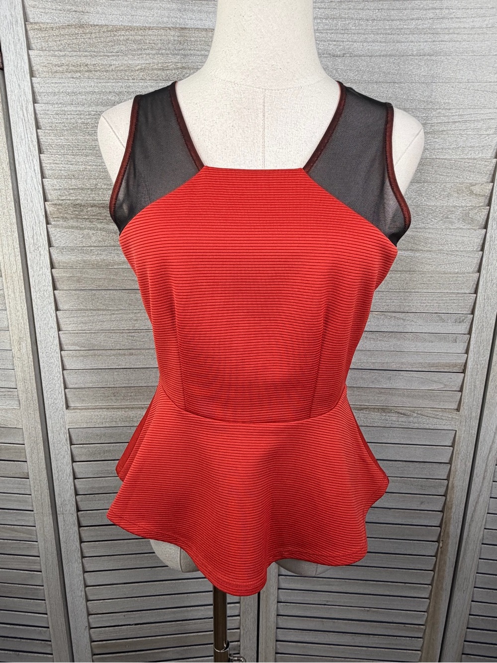 LADAKH "On the Horizon" Red Peplum Top with Black Mesh Accents-Medium
